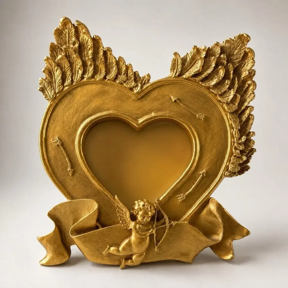 Vintage Gold Cherub Heart Picture Frame Winged Angel 2.5x3 Photo